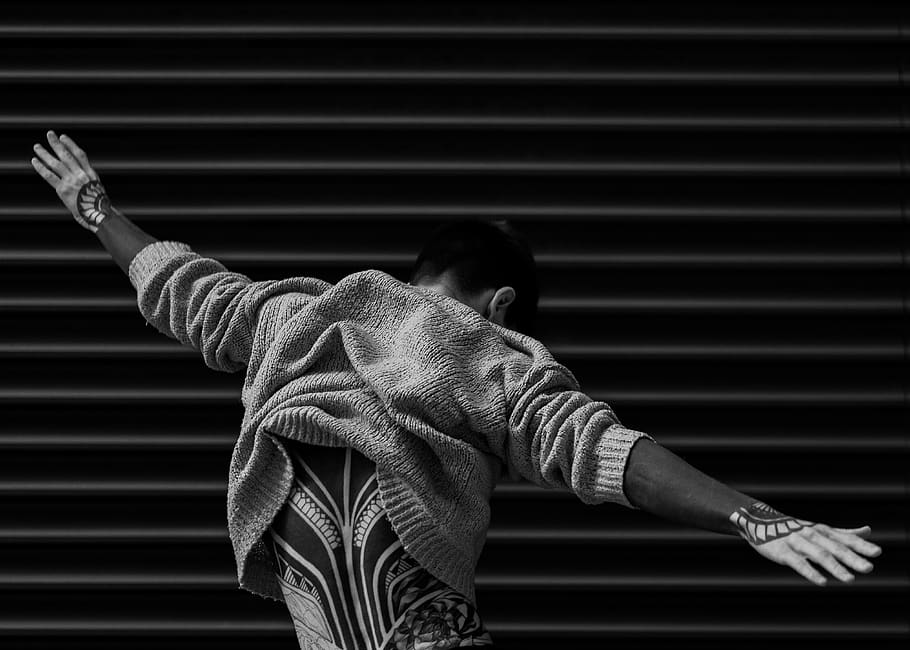 Monochrome Photo of Man Raising His Hands, adult, back view, black-and-white, HD wallpaper