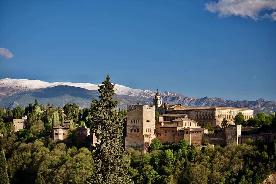 granada, alhambra, mountains, spain, built structure, building exterior HD wallpaper