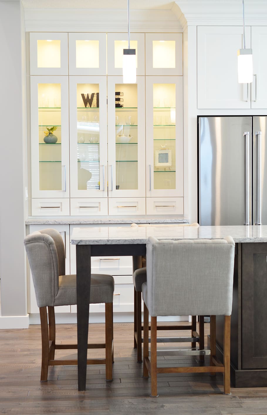 Two Grays on Floor Beside Table, apartment, cabinet, chairs, clean, HD wallpaper