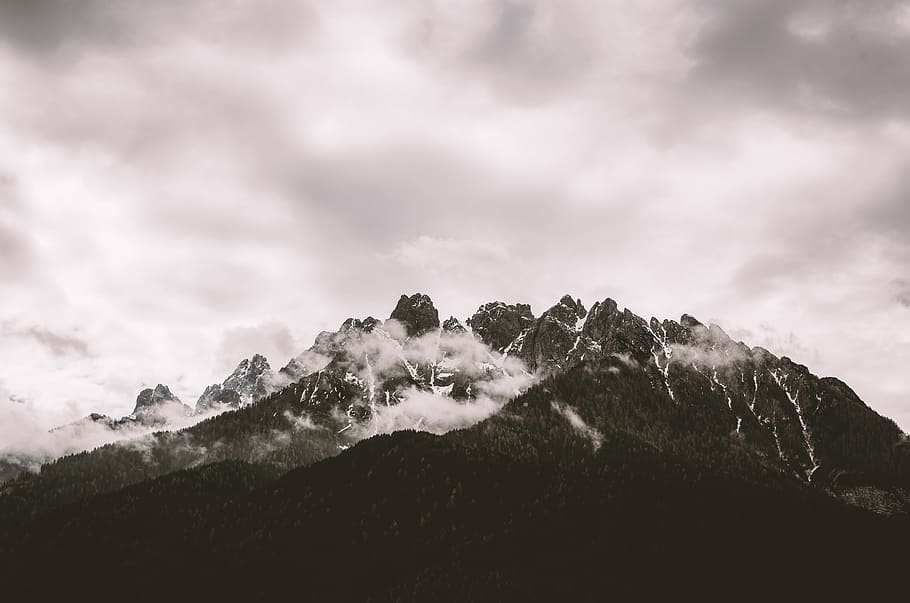 grayscale photography of mountain under cloudy sky, rock, summit HD wallpaper