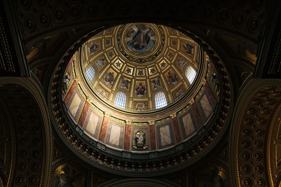 low-angel on religious sculpture stain wall, cathedral, dome HD wallpaper