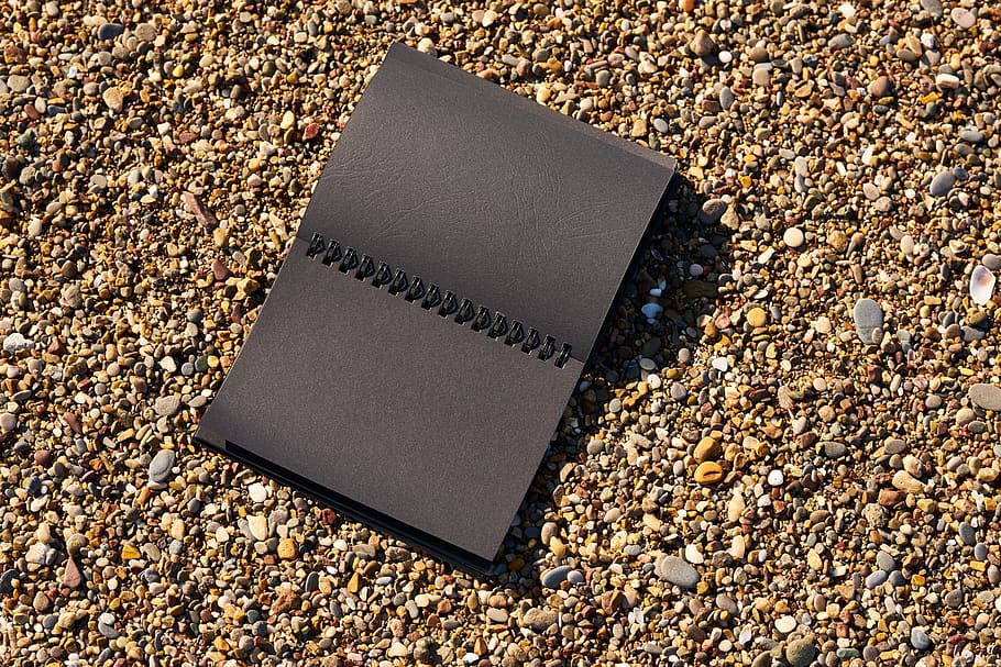 page, book, note, notebook, beach, black, is empty, start, space HD wallpaper