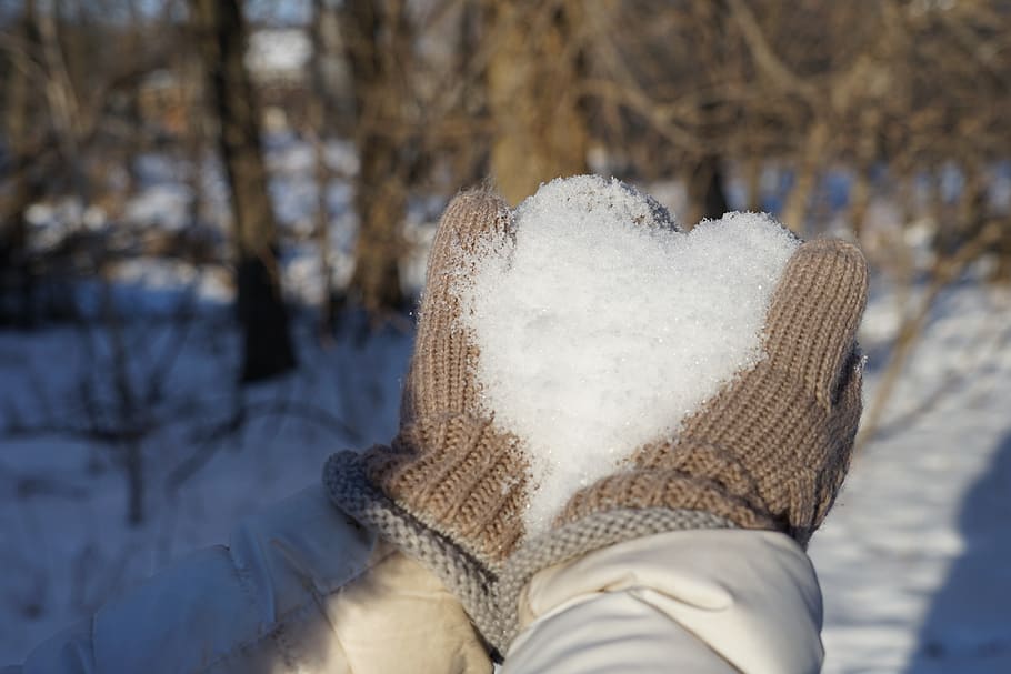 winter, snow, cold, nature, frost heart, valentines, mittens HD wallpaper