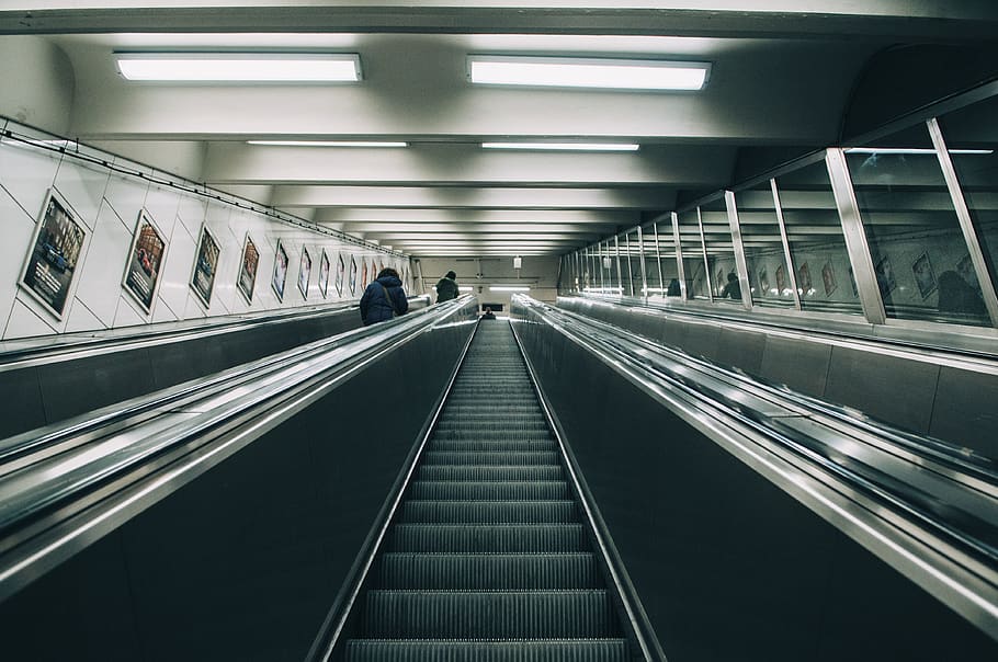 infrastructure, escalator, building, establishment, dark, night HD wallpaper