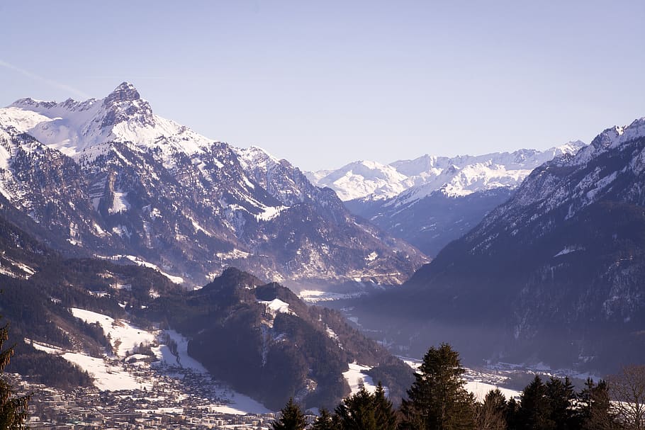 landscape, winter, wintry, mountains, outlook, view, sky, mountain peaks HD wallpaper