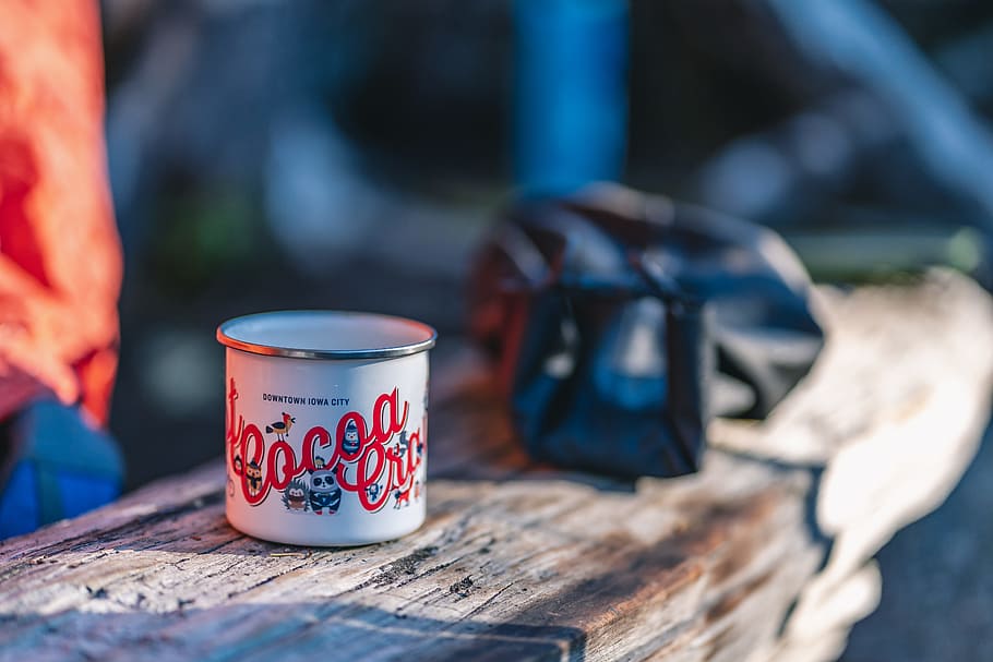 silver container, mug, coffee, cup, camp mug, tin cup, wood, closeup HD wallpaper