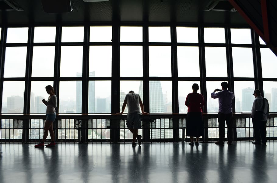five people standing in front of window, human, person, floor, HD wallpaper