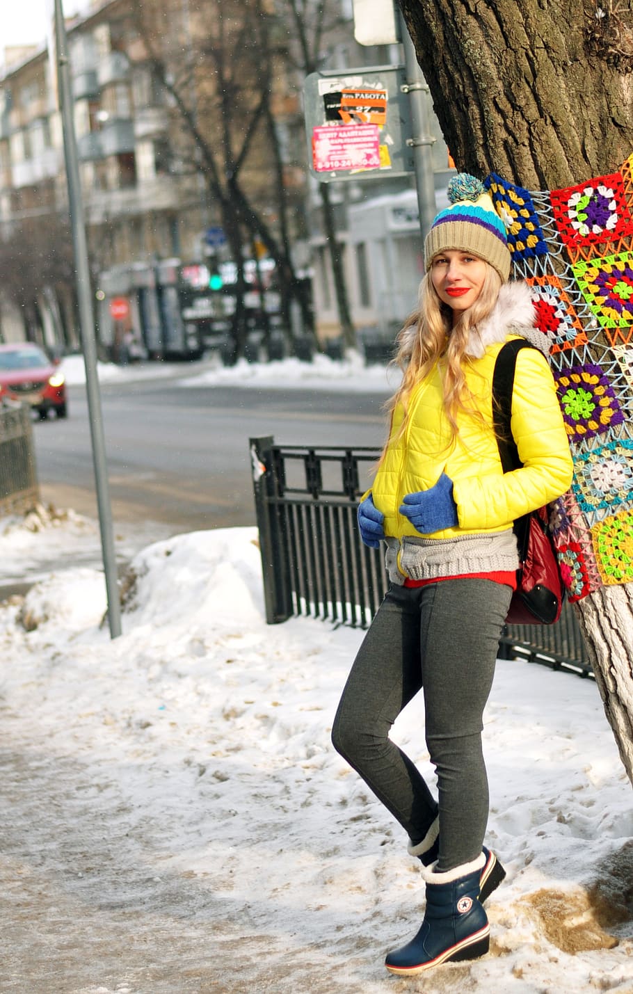 winter, snow, street, outdoors, woman, a walk through the city