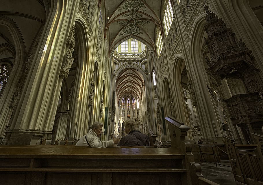 two men sitting on pew chain inside cathedral, indoors, aisle HD wallpaper