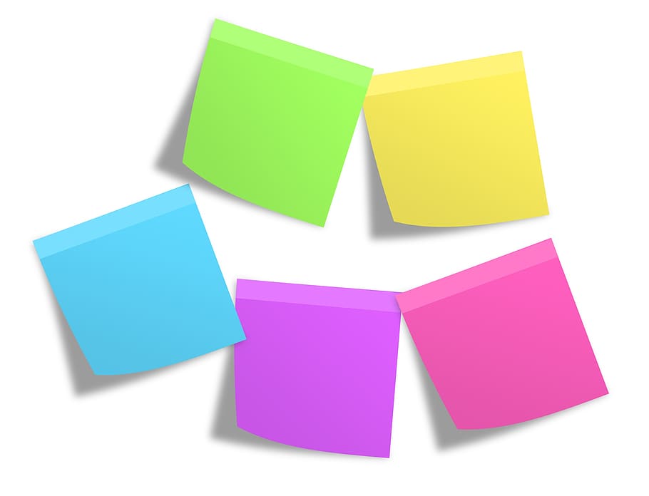 Pink Green Yellow Blue and Purple Sticky Note Mounted on White Painted Wall, HD wallpaper