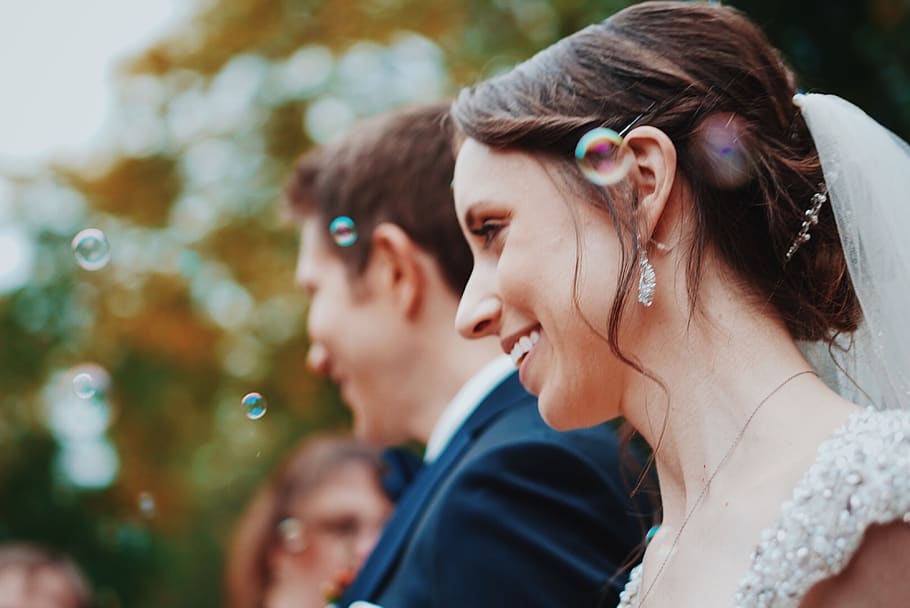 bride and groom smiling, human, person, clothing, apparel, face HD wallpaper