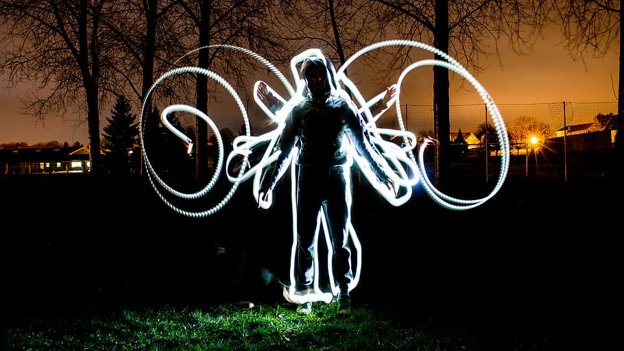 person standing covered with led lights during nighttime, human, HD wallpaper