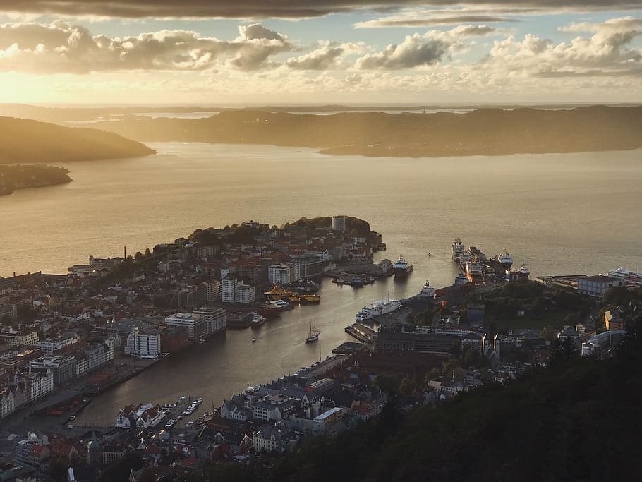 norway, bergen, city, port, boats, buildings, aerial, sunset