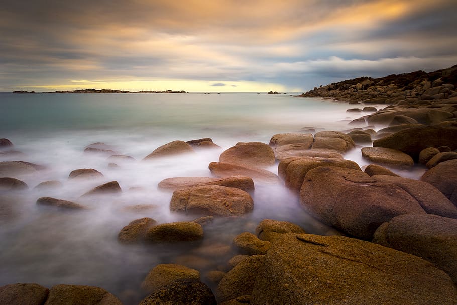 View of Rocks on Beach, clouds, dawn, evening, landscape, motion HD wallpaper