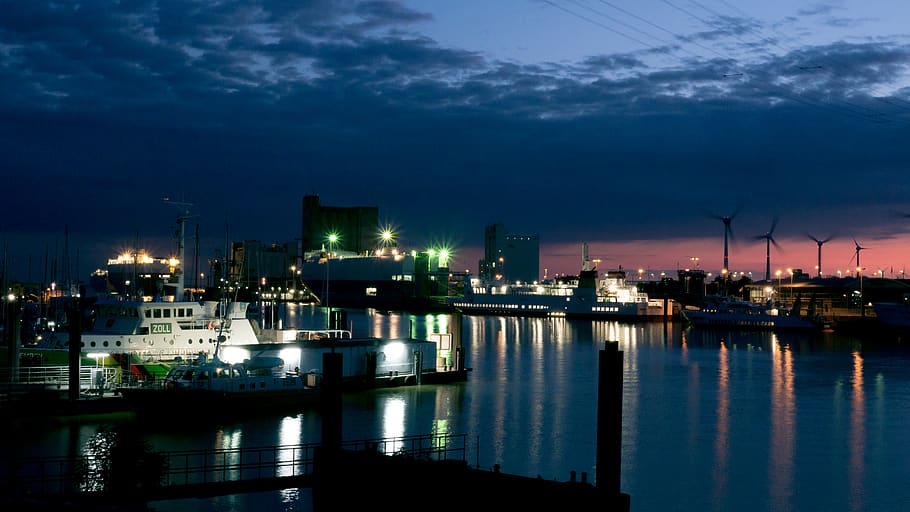 germany, emden, ship, schiff, hafen, ostfriesland, nightshot, HD wallpaper