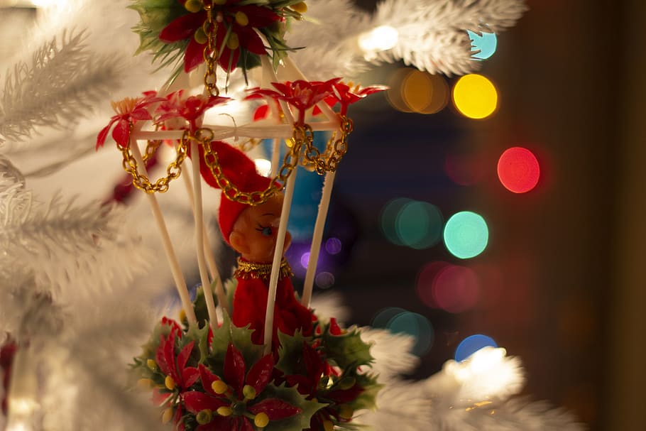 Christmas, Holidays, Tree, White, Lights, Elf, Vintage, celebration HD wallpaper