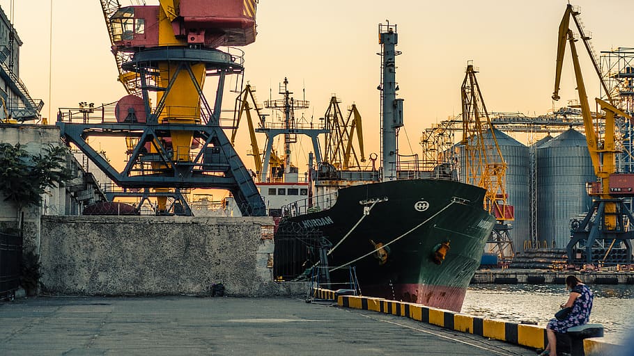 black cargo ship beside dock, industry, architecture, built structure HD wallpaper