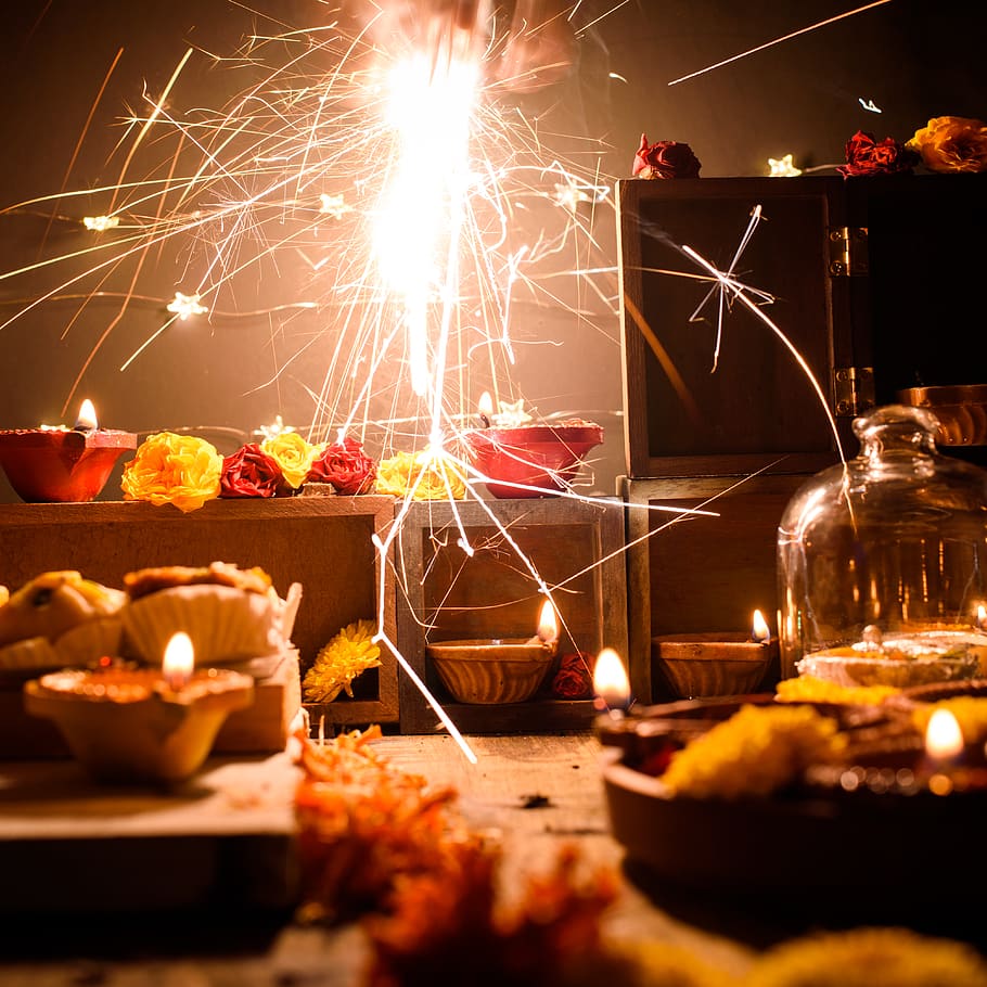 diwali, still life, diyas, festival, fireworks, sparklers, crackers, HD wallpaper