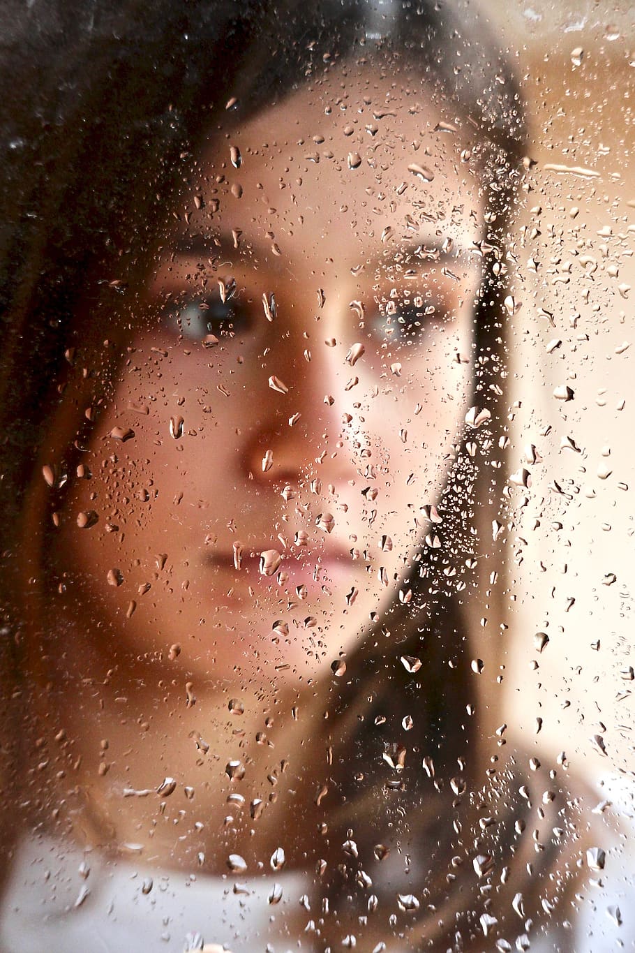 girl, rain, drops, window, melancholy, solitude, sadness, look, HD wallpaper