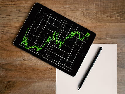 Space Grey Ipad Air With Graph on Brown Wooden Table, analytics HD wallpaper