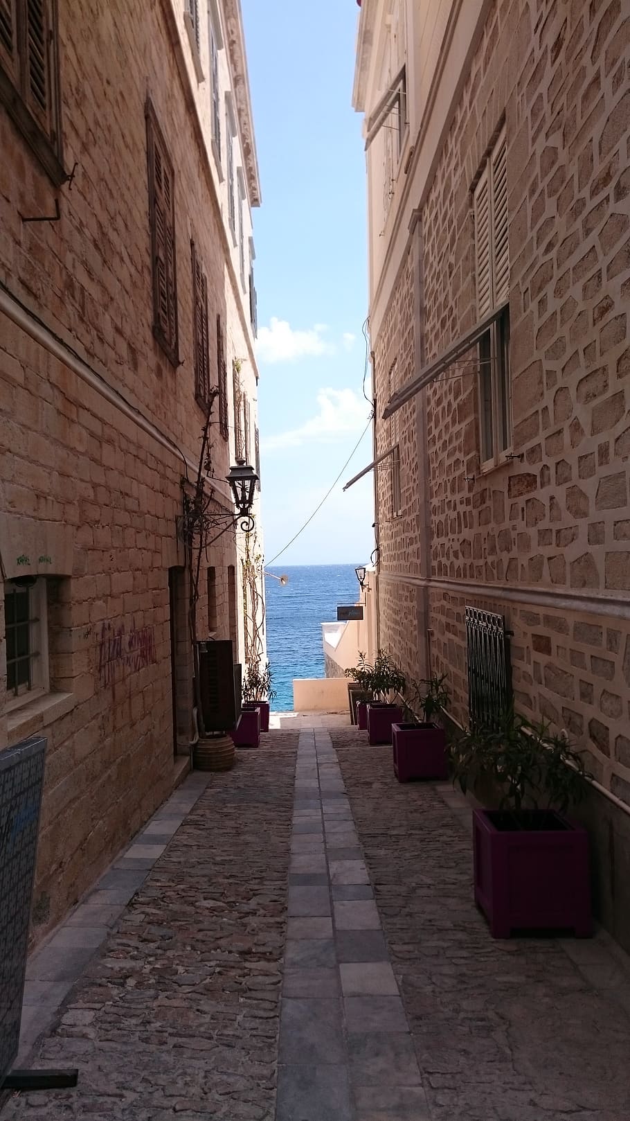 greece, ermoupoli, alley, syros, sea, architecture, building exterior, HD wallpaper