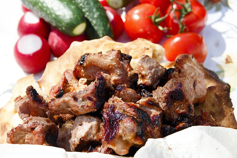 grill, meat, shish kebab, bbq, nutrition, beef, lunch, tasty, HD wallpaper