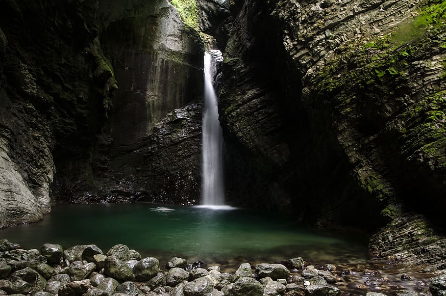 slovenia, kobarid, slap kozjak, waterfall, cave, trees, rock