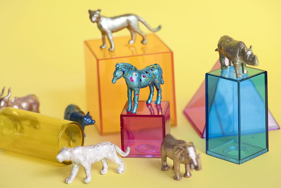 Assorted-color Animal Figurine Collection, animals, boxes, close-up HD wallpaper