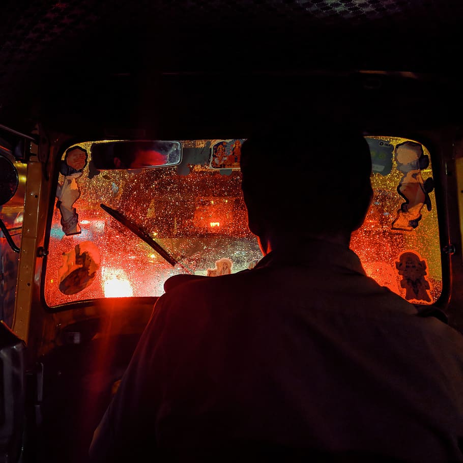 man in auto-rickshaw, illuminated, lighting equipment, night HD wallpaper