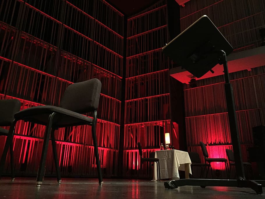 podium, stage, red, theatre, seat, indoors, chair, absence, HD wallpaper