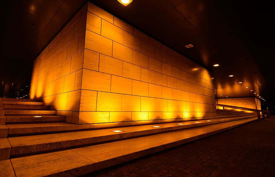 brown concrete brick wall, lighting, banister, handrail, floor HD wallpaper