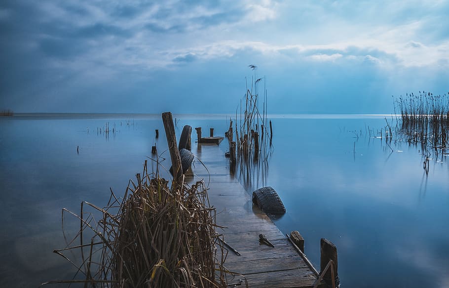 Brown Wooden Dock during Sunset, clouds, lake, landscape, nature HD wallpaper