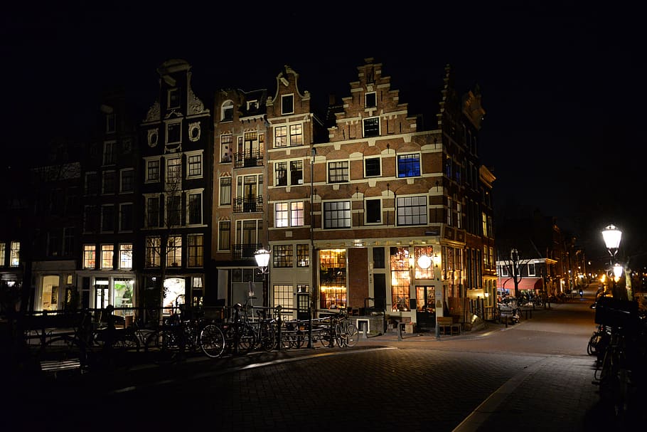 night, amsterdam, channels, bridges, lights, highlights, architecture HD wallpaper