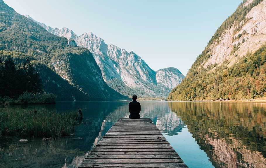 man sitting on gray dock, water, lake, one person, mountain, beauty in nature HD wallpaper