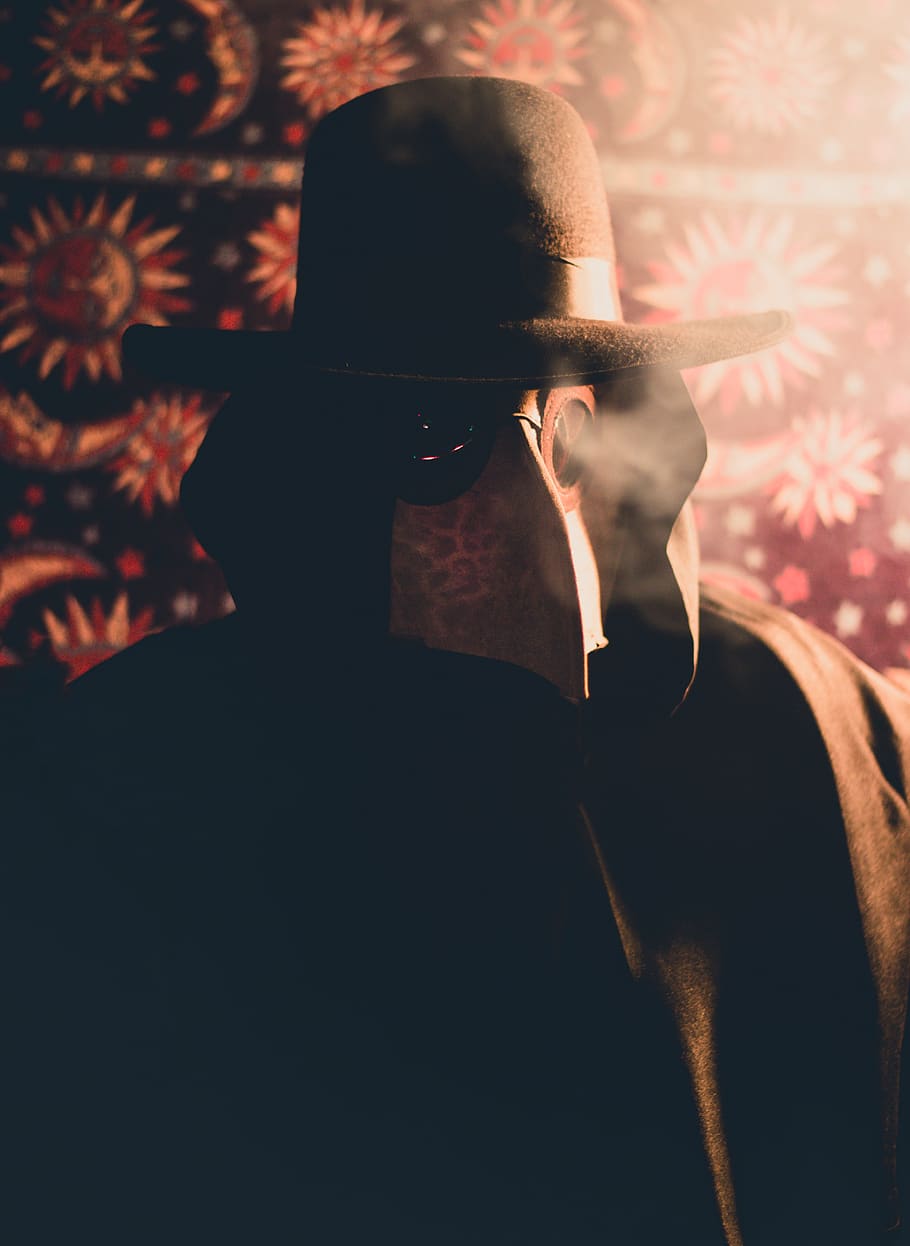 Person in Black Coat and Hat With Plague Doctor Mask, adult, black hat, HD wallpaper