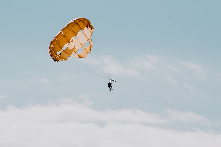 man in parachute, sky, extreme sports, flying, adventure, mid-air HD wallpaper