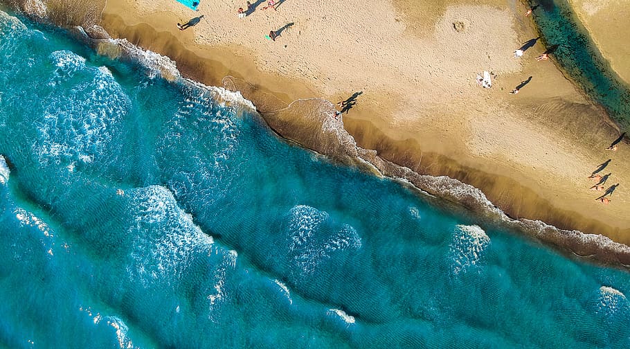 aerial shot photo of beach, ocean, sea, blue, wave, topdown, people HD wallpaper