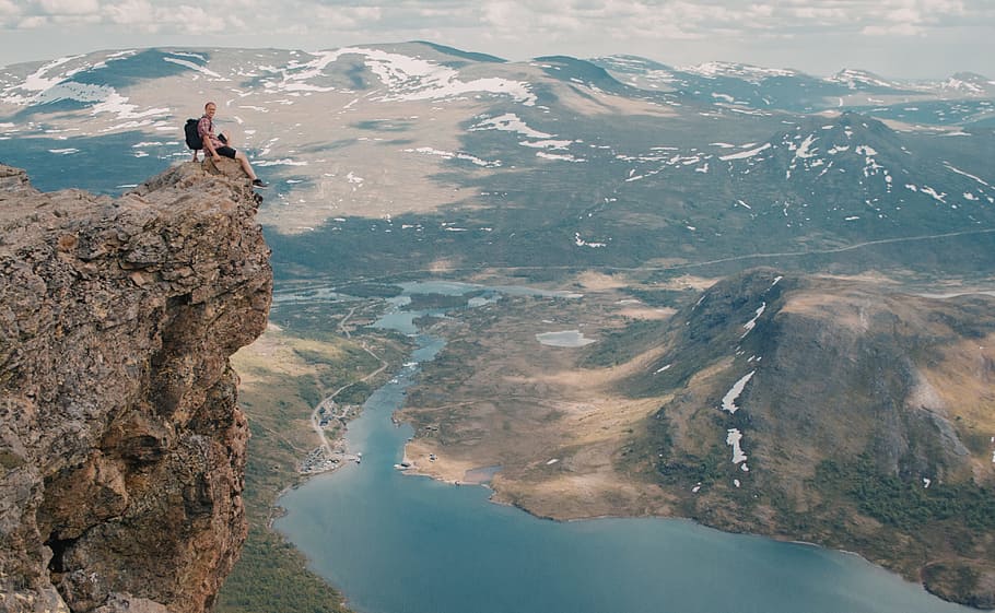 person sitting on mountain cliff, norway, landscape, edge, man, HD wallpaper