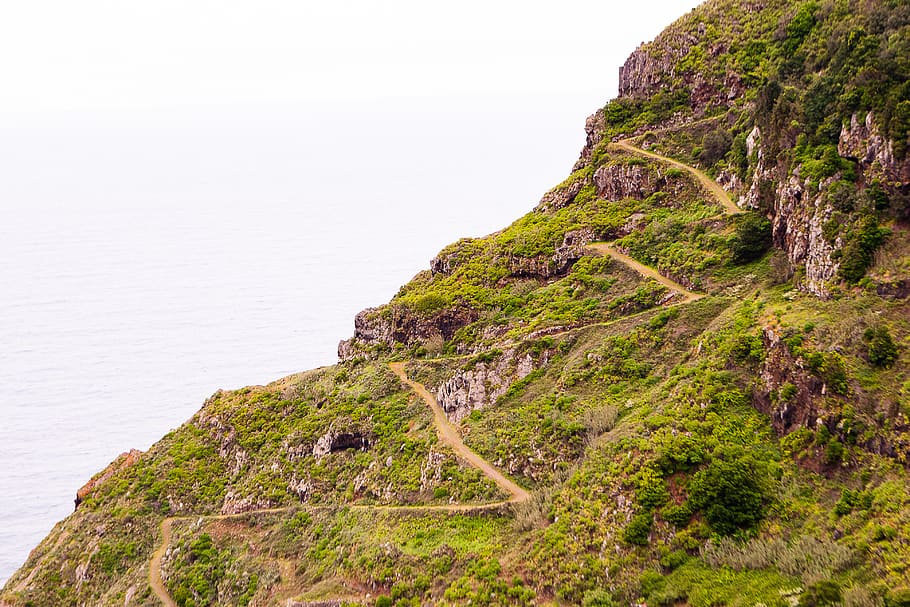 green mountain, nature, outdoors, cliff, promontory, sea, water HD wallpaper
