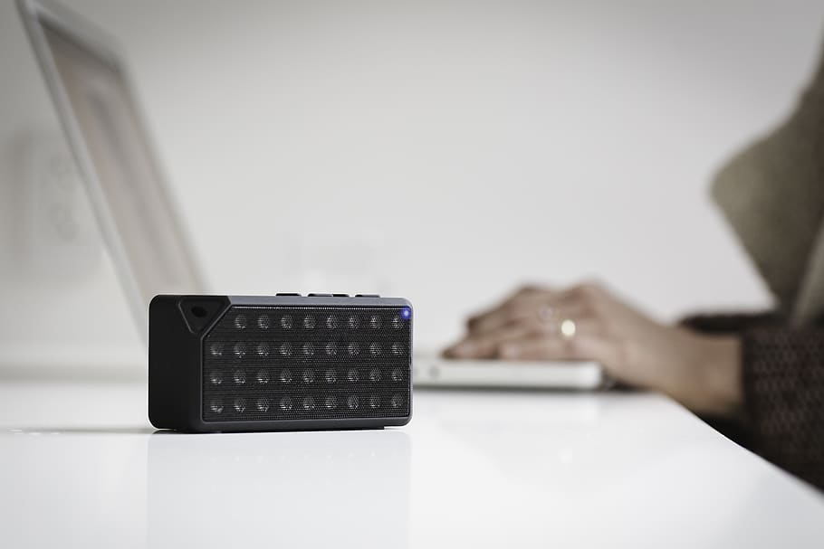 Black Bluetooth Speaker on White Table, blur, connection, desk HD wallpaper