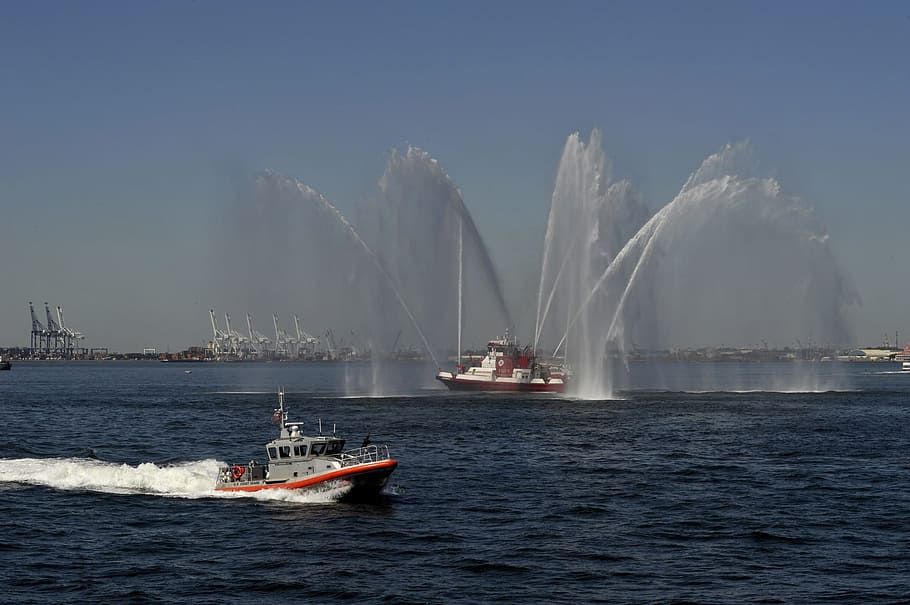 fire, boat, ship, sea, river, water, ocean, blue, nautical vessel HD wallpaper