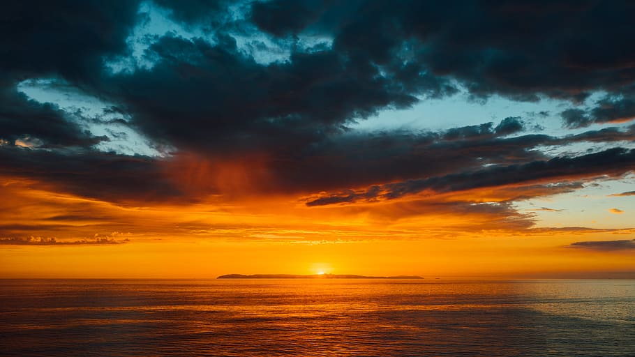 sunlight during sunset, sky, sea, water, blue, orange, bright, HD wallpaper