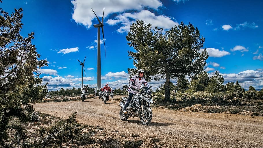 enduro, motorcycle, group, tree, nature, outdoors, sky, road HD wallpaper