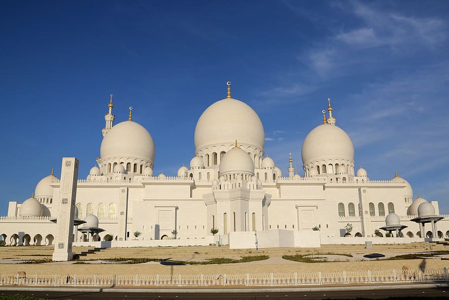 abu dhabi, mosque, religion, minaret, dome, muslim, landmark, HD wallpaper