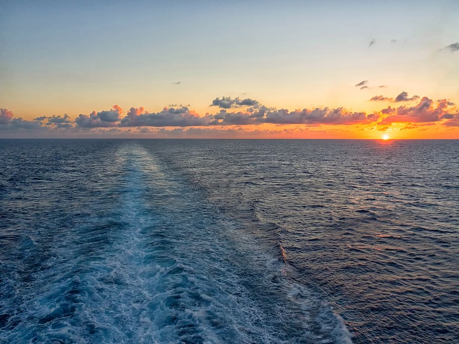 sunset, cruise, ocean, clouds, ship, wake, wave, atlantic, nautical HD wallpaper