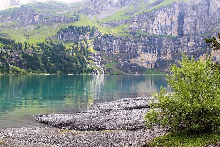 lake, trees, mountains, background, waterfall, nature, beauty in nature HD wallpaper