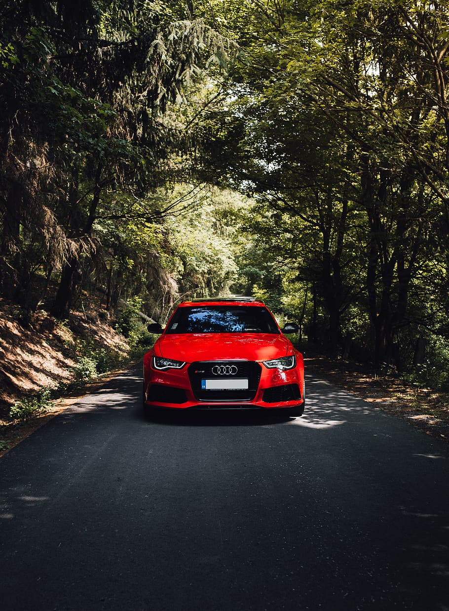 red Audio car, transportation, tree, mode of transportation, motor vehicle HD wallpaper