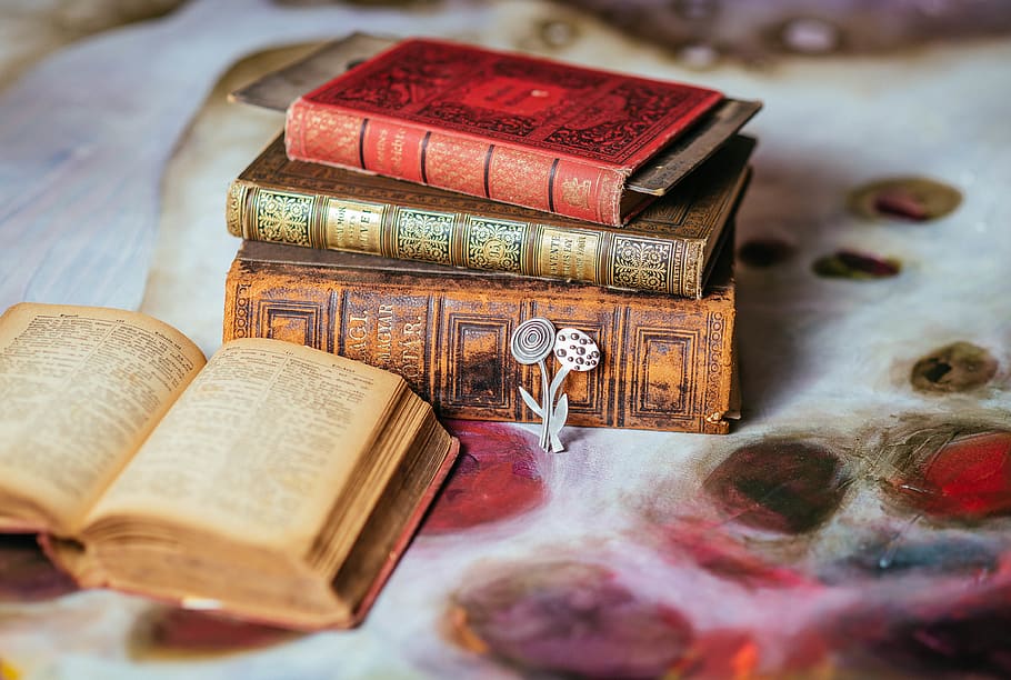 four books on table, still life, publication, no people, antique HD wallpaper