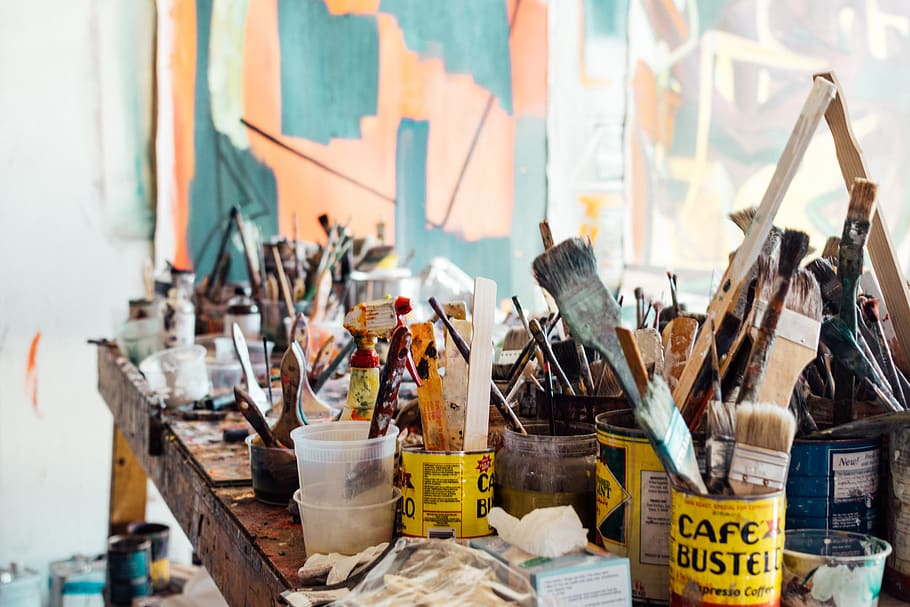 paint, brushes, cans, art, supplies, crafts, creative, painting HD wallpaper