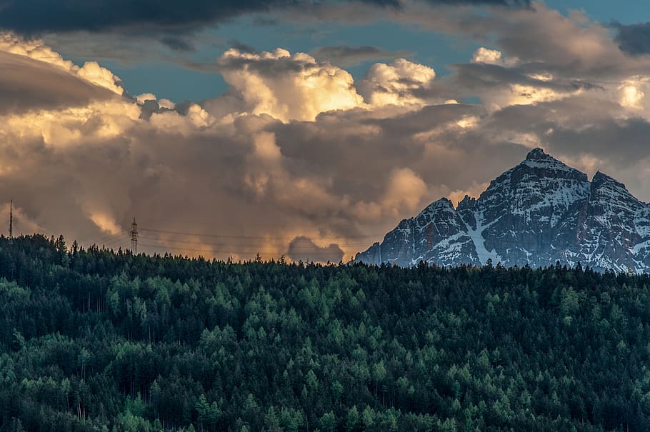 Mountains, Forest, Clouds, Electricity, Landscape, Serles, beauty in nature HD wallpaper